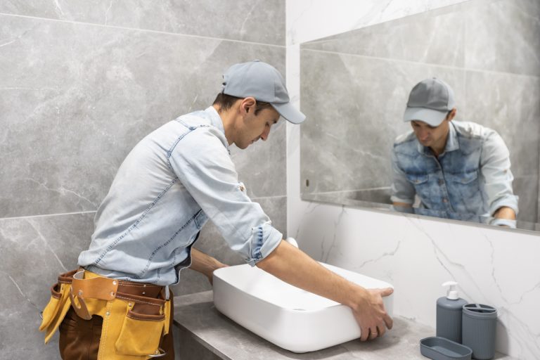 Contractor showing how to install a bathroom vanity sink